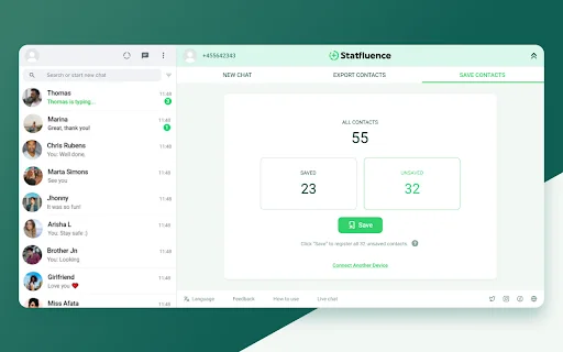 Statfluence: ส่งออกรายชื่อผู้ติดต่อ WhatsApp ได้ทันที – เครื่องมือจัดการลูกค้าที่ดีที่สุด - Screenshot 3